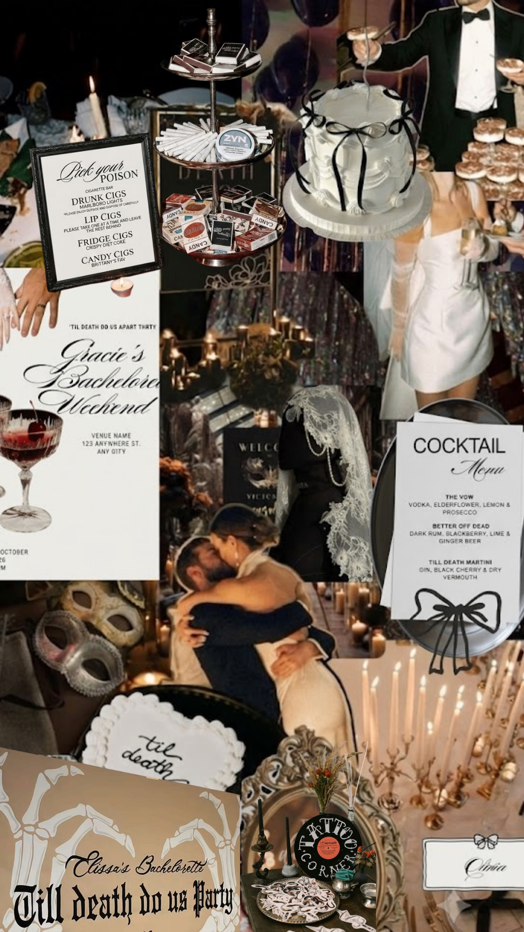 'Til Death Do Us Apart moodboard, black bows, candlelight, gothic-romantic bachelorette