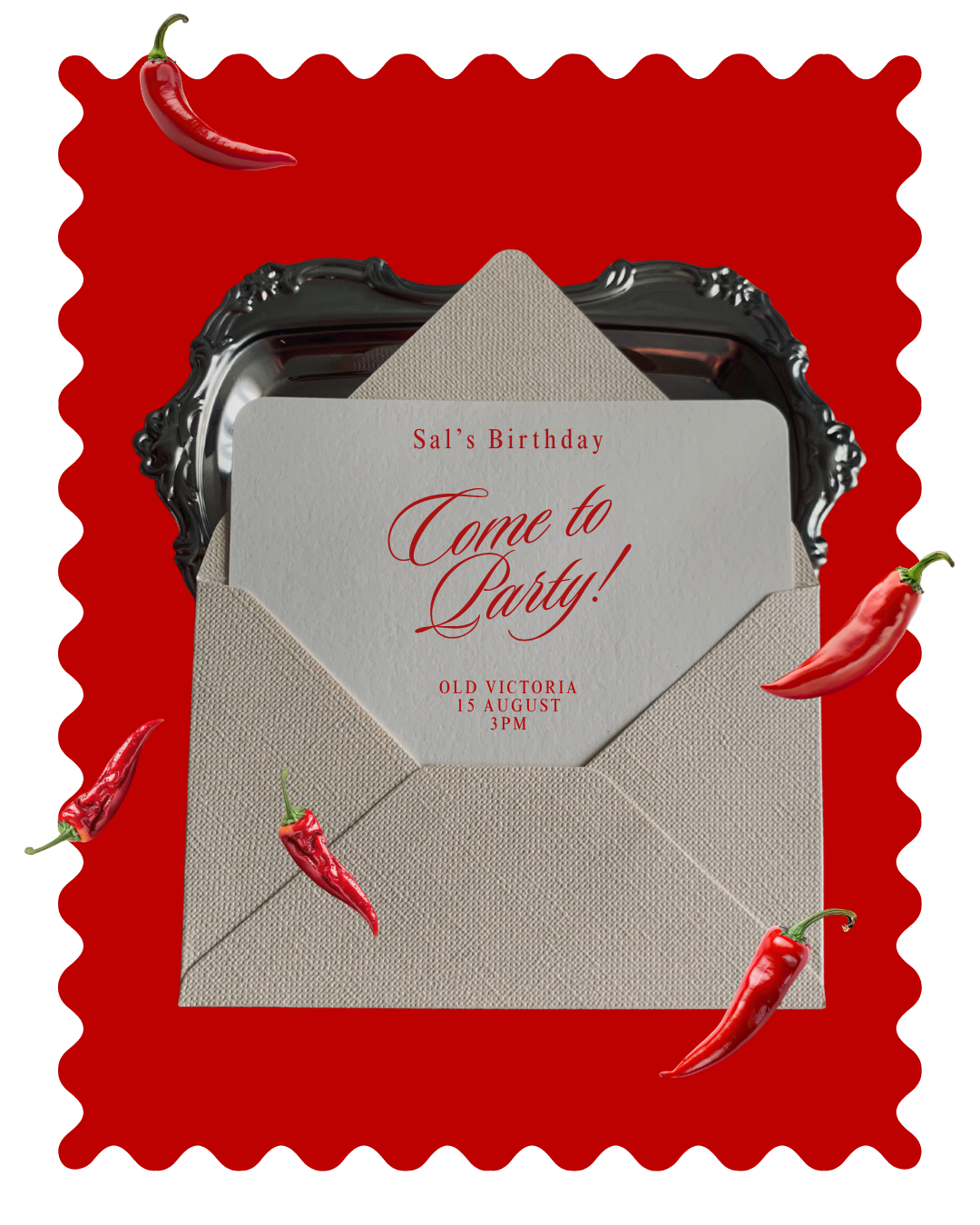 Chilli red older wiser hotter birthday styling with scalloped signs, view 3