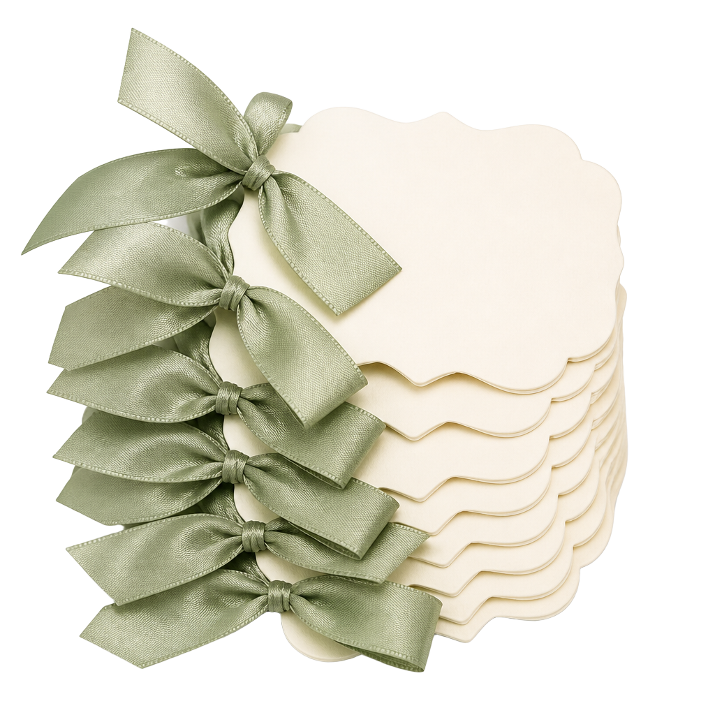 Stack of cream scalloped place cards tied with sage green satin bows