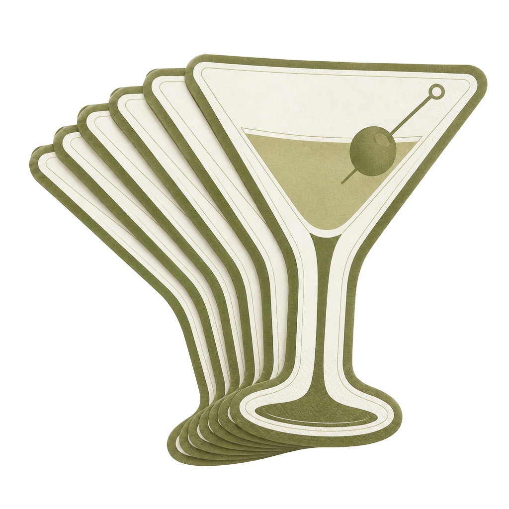 Fanned stack of martini-glass shaped napkins in olive and cream