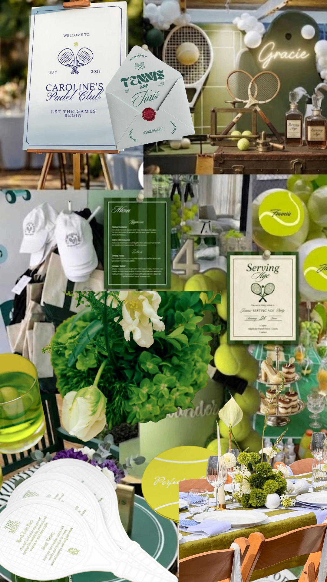 Serving Age moodboard, padel club, tennis balls, whites and green tablescape