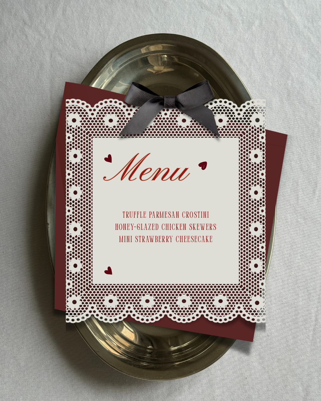 Bows, Booze & I Do's kit, burgundy lace invitation with cherubs, welcome sign, cocktail menu and place cards, view 3