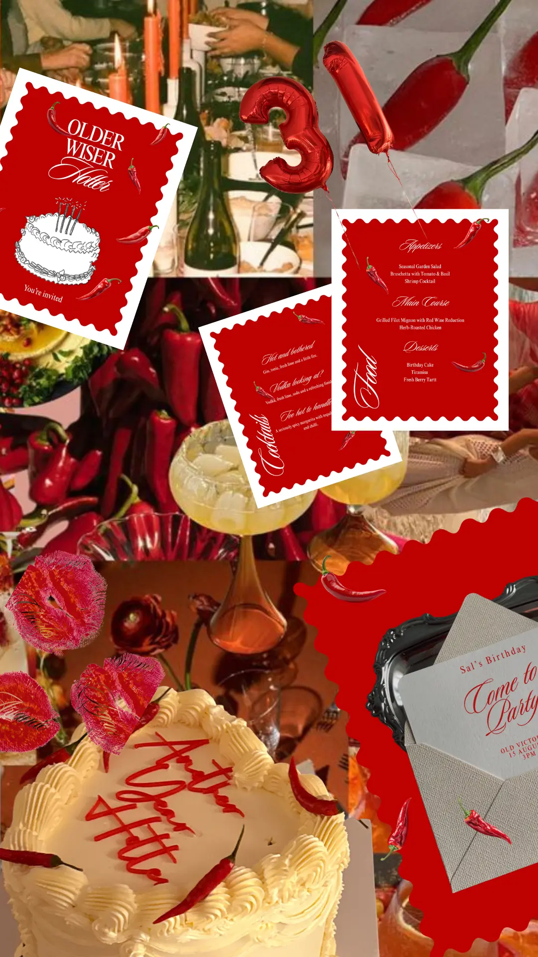 Chilli red older wiser hotter birthday styling with scalloped signs