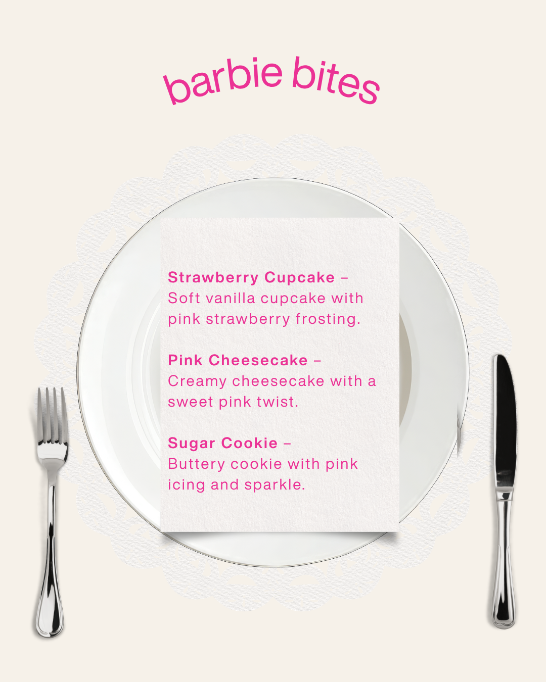 Barbie hen party styling, hot pink invites and place cards, view 3