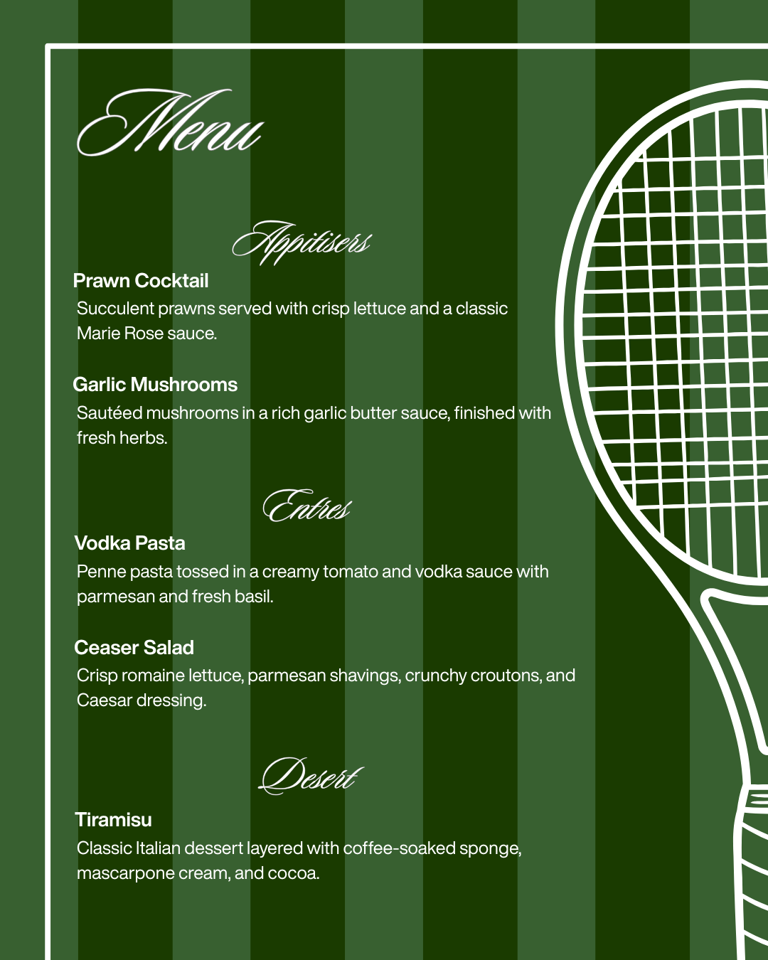 Serving Age moodboard, padel club, tennis balls, whites and green tablescape, view 3