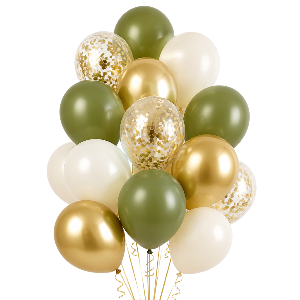 Bunch of olive green, cream, gold and gold confetti balloons