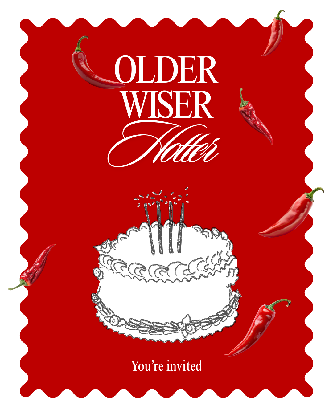 Chilli red older wiser hotter birthday styling with scalloped signs, view 2