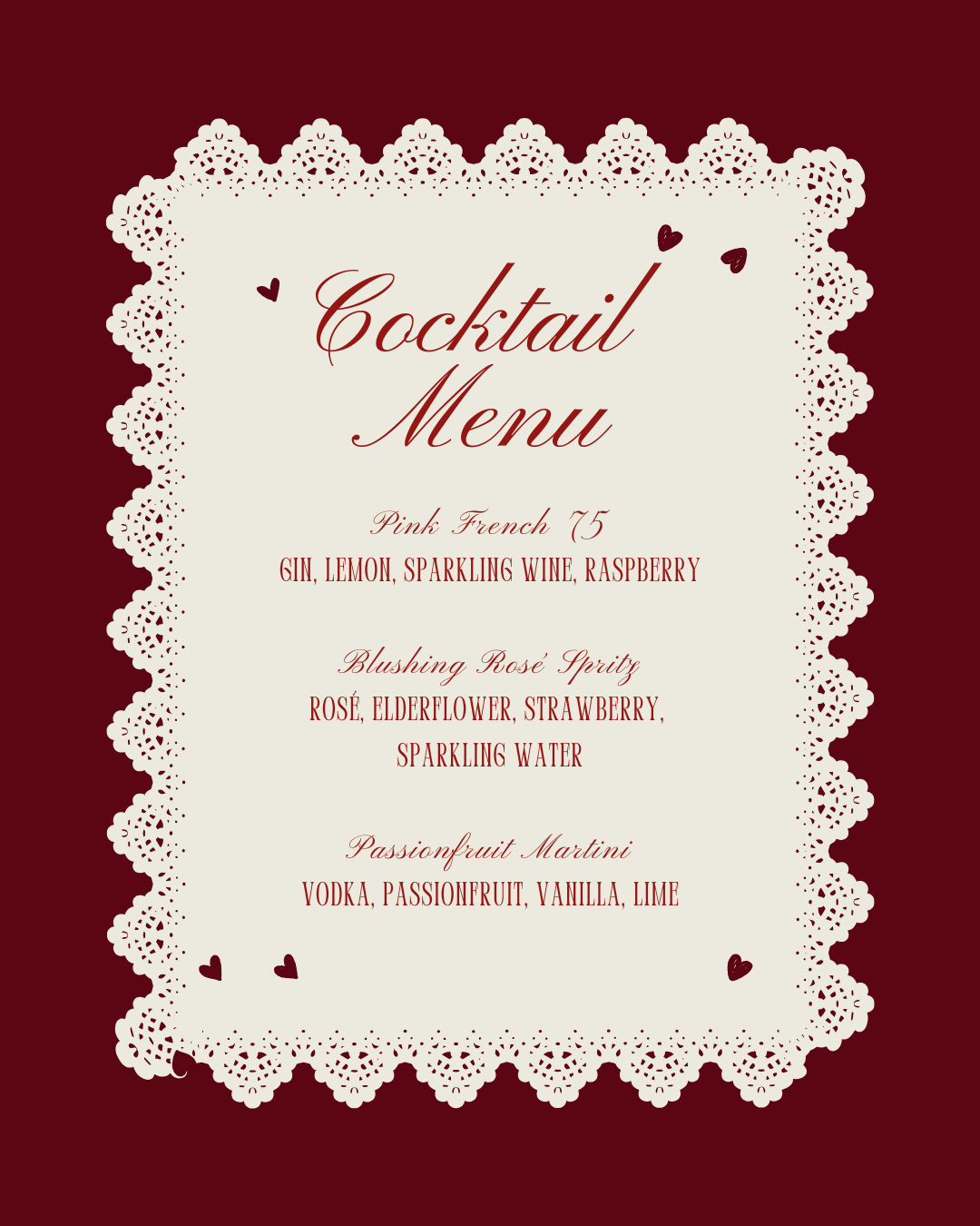 Bows, Booze & I Do's kit, burgundy lace invitation with cherubs, welcome sign, cocktail menu and place cards, view 4