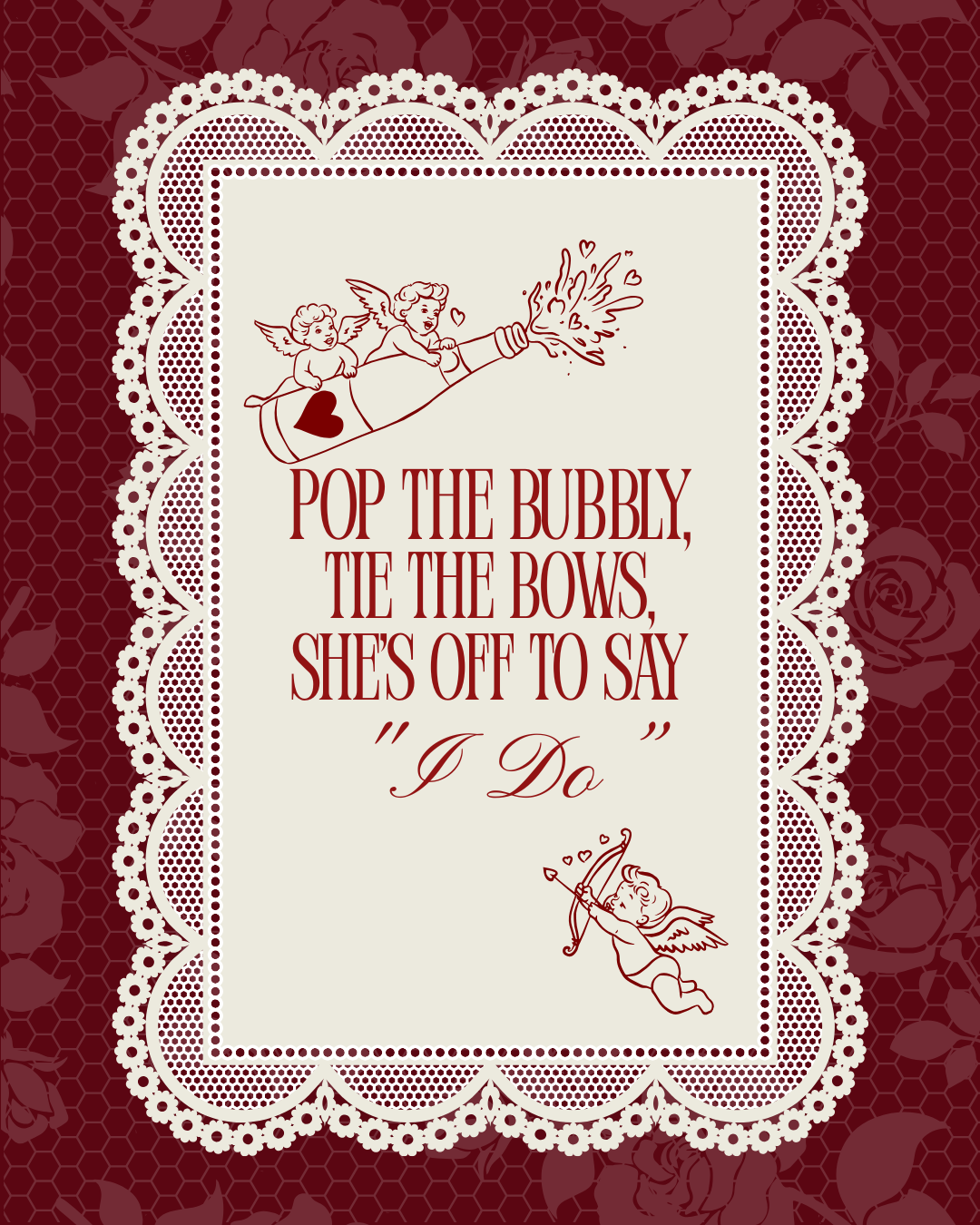 Bows, Booze & I Do's kit, burgundy lace invitation with cherubs, welcome sign, cocktail menu and place cards, view 2