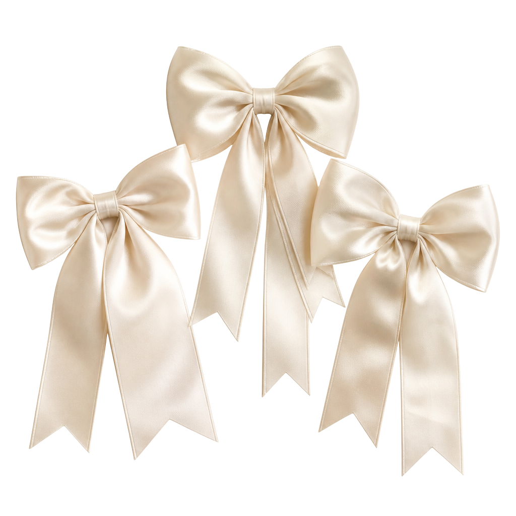 Three large cream satin coquette ribbon bows
