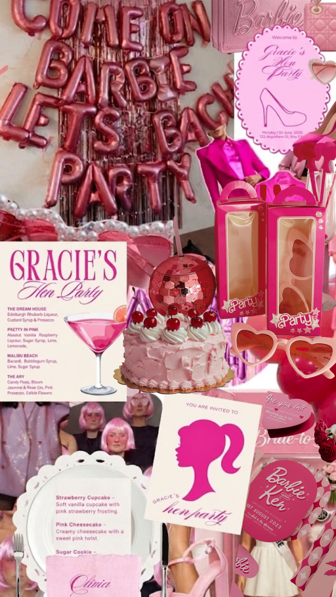 Barbie hen party styling, hot pink invites and place cards