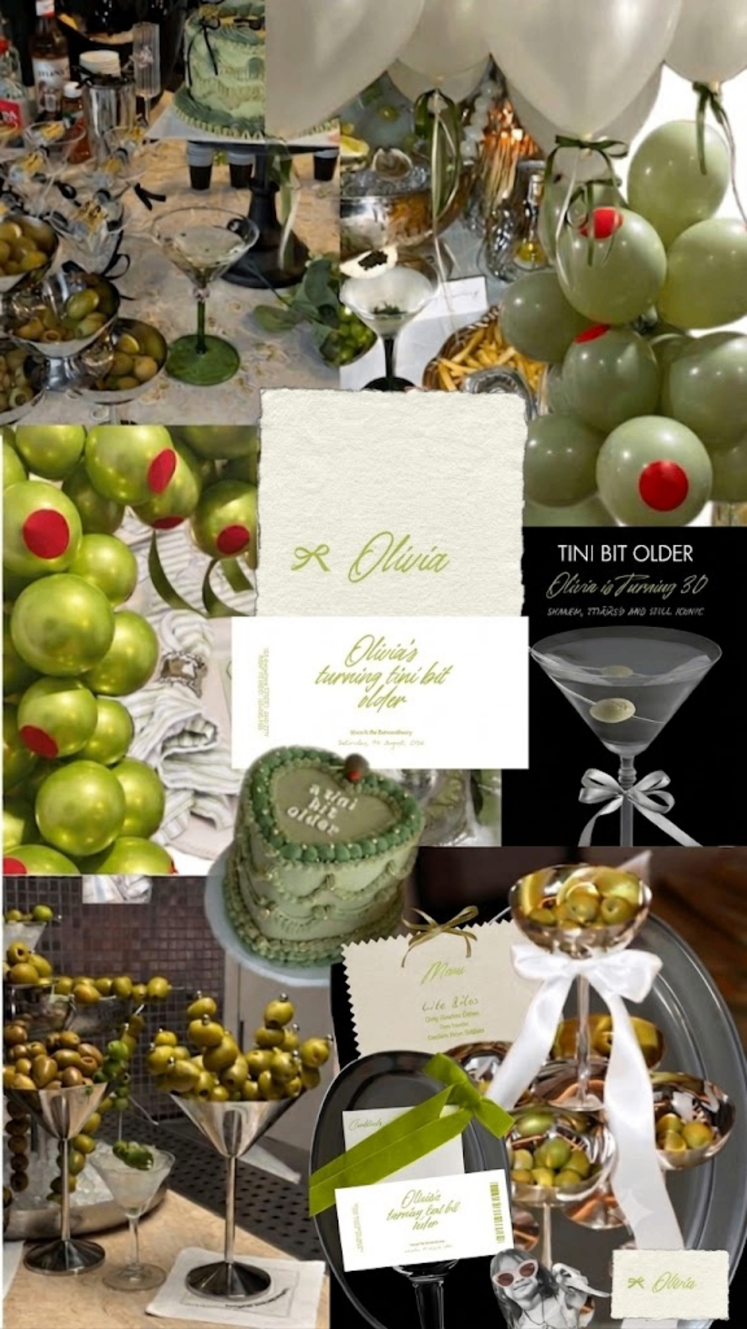Martini birthday styling with olives and candlelight